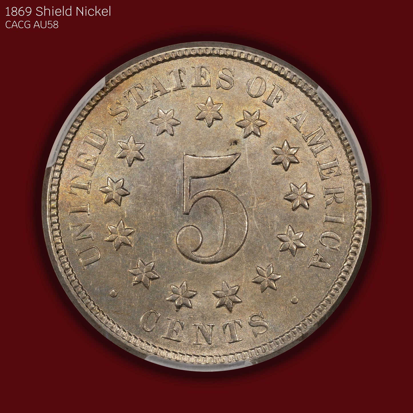 1869 Shield Nickel - CACG AU58