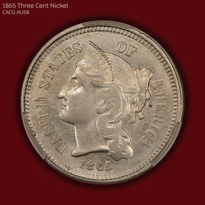 1865 Three Cent 3c Nickel - CACG AU58