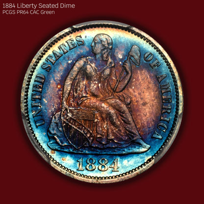 1884 Liberty Seated Dime Proof - PCGS PR64 CAC Green (Toned)