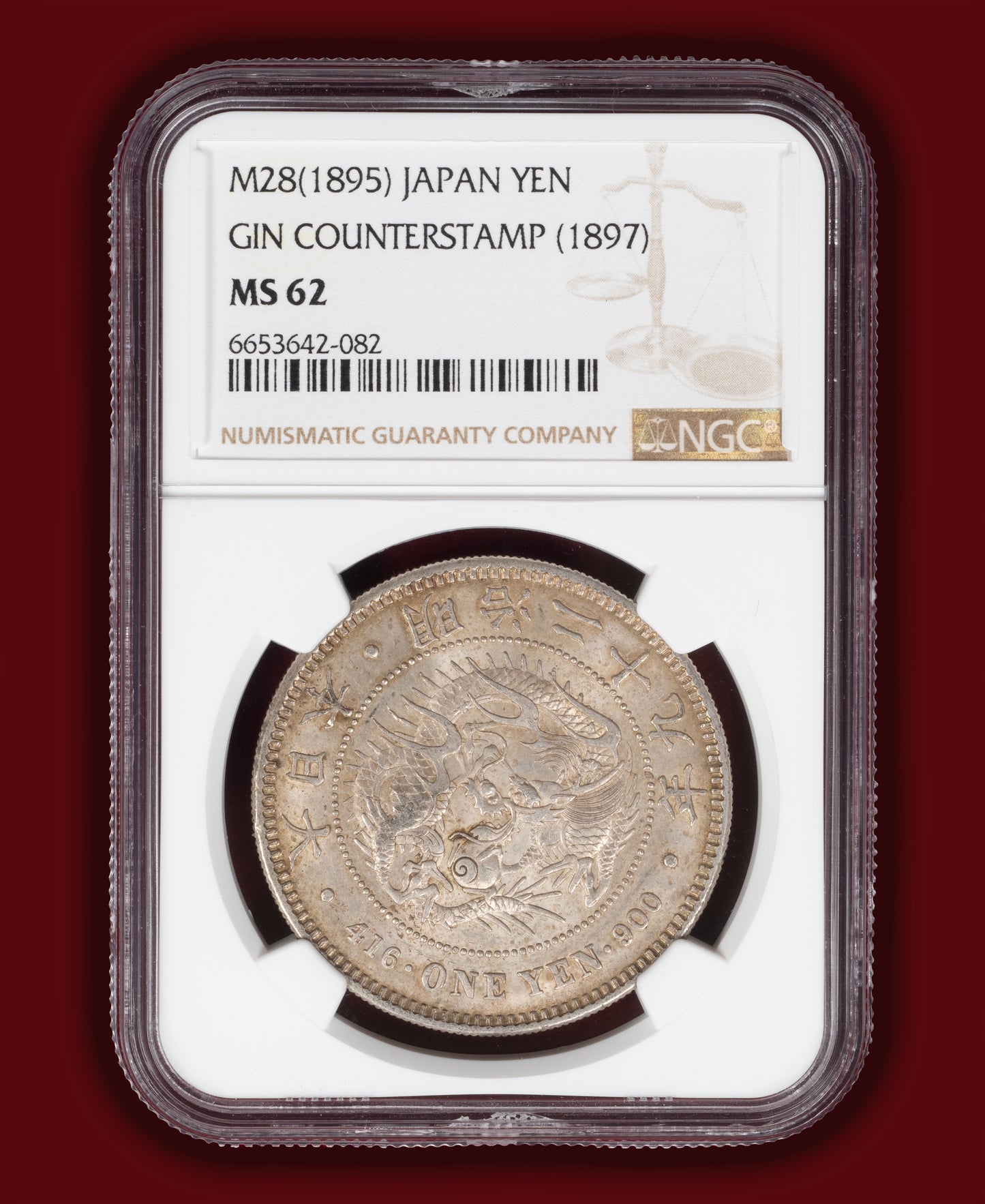 1896 (M29) Japan 1 Yen Gin Left Counterstamp - NGC MS62 - Holder Error