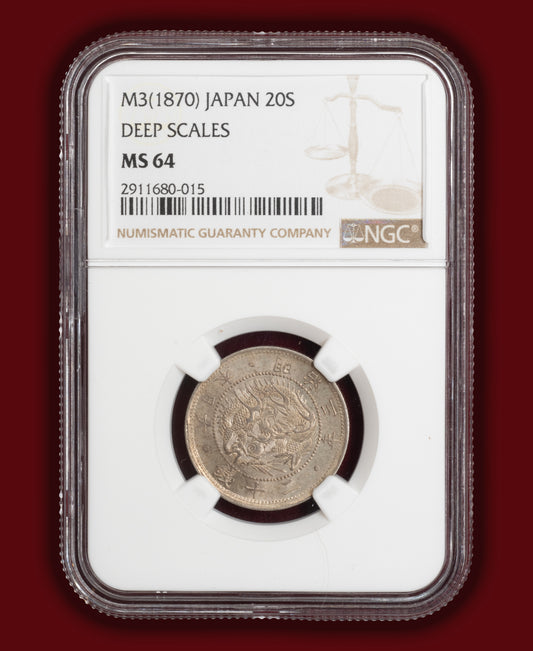 1870 (M3) Japan 20 Sen Deep Scales - NGC MS64