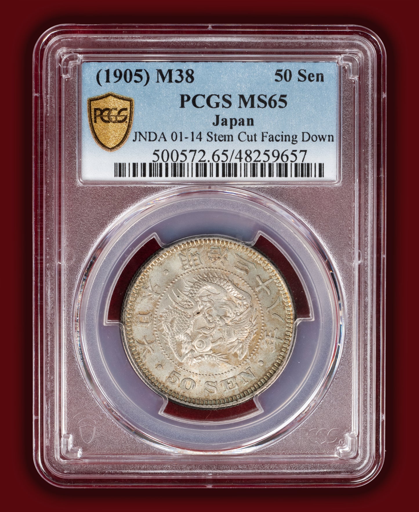 1905 (M38) Japan 50 Sen Stem Cut Down - PCGS MS65