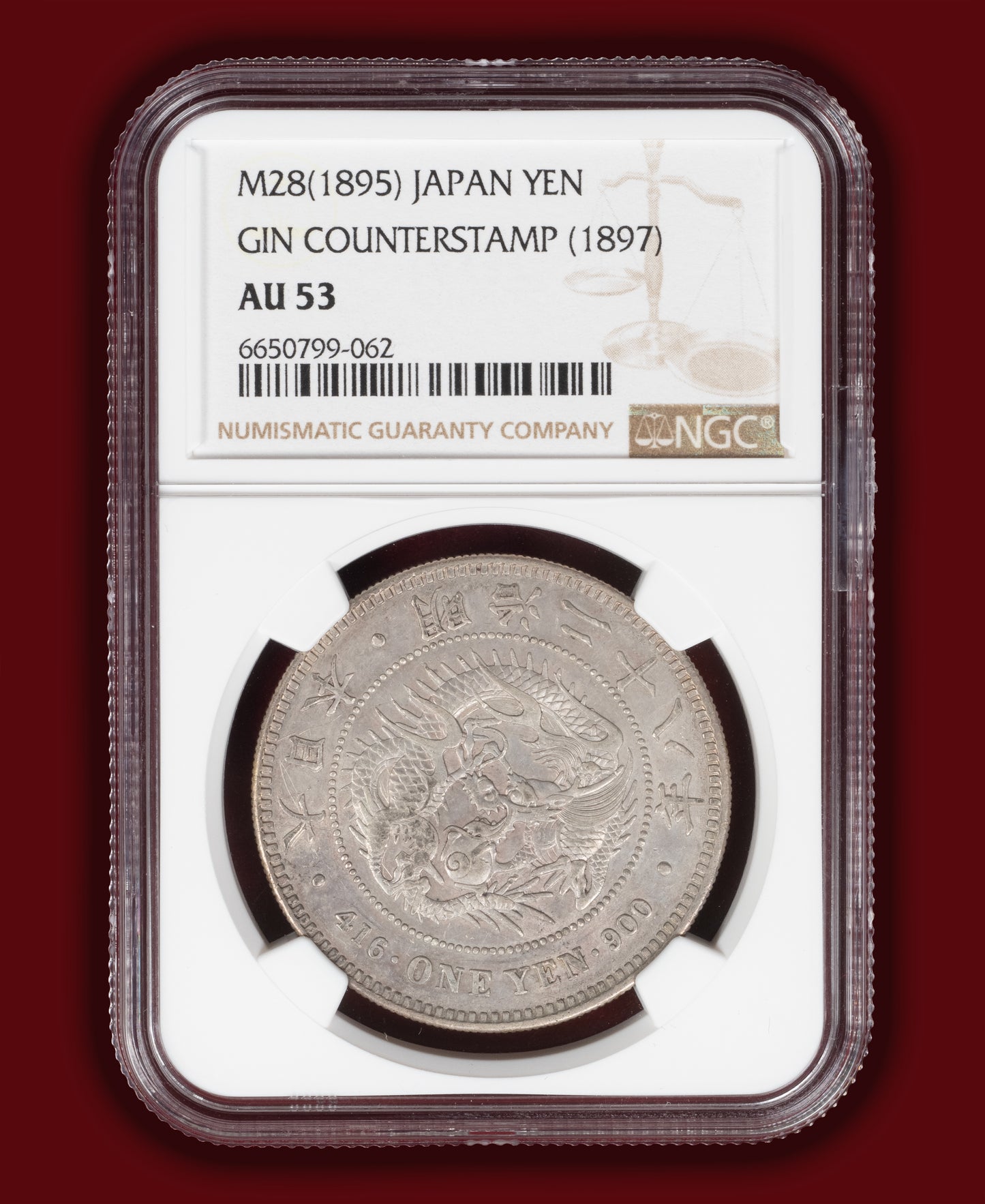 1895 (M28) Japan 1 Yen Gin Left Counterstamp - NGC AU53