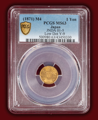 1871 (M4) Japan 1 Yen Gold - Low Dot - PCGS MS63