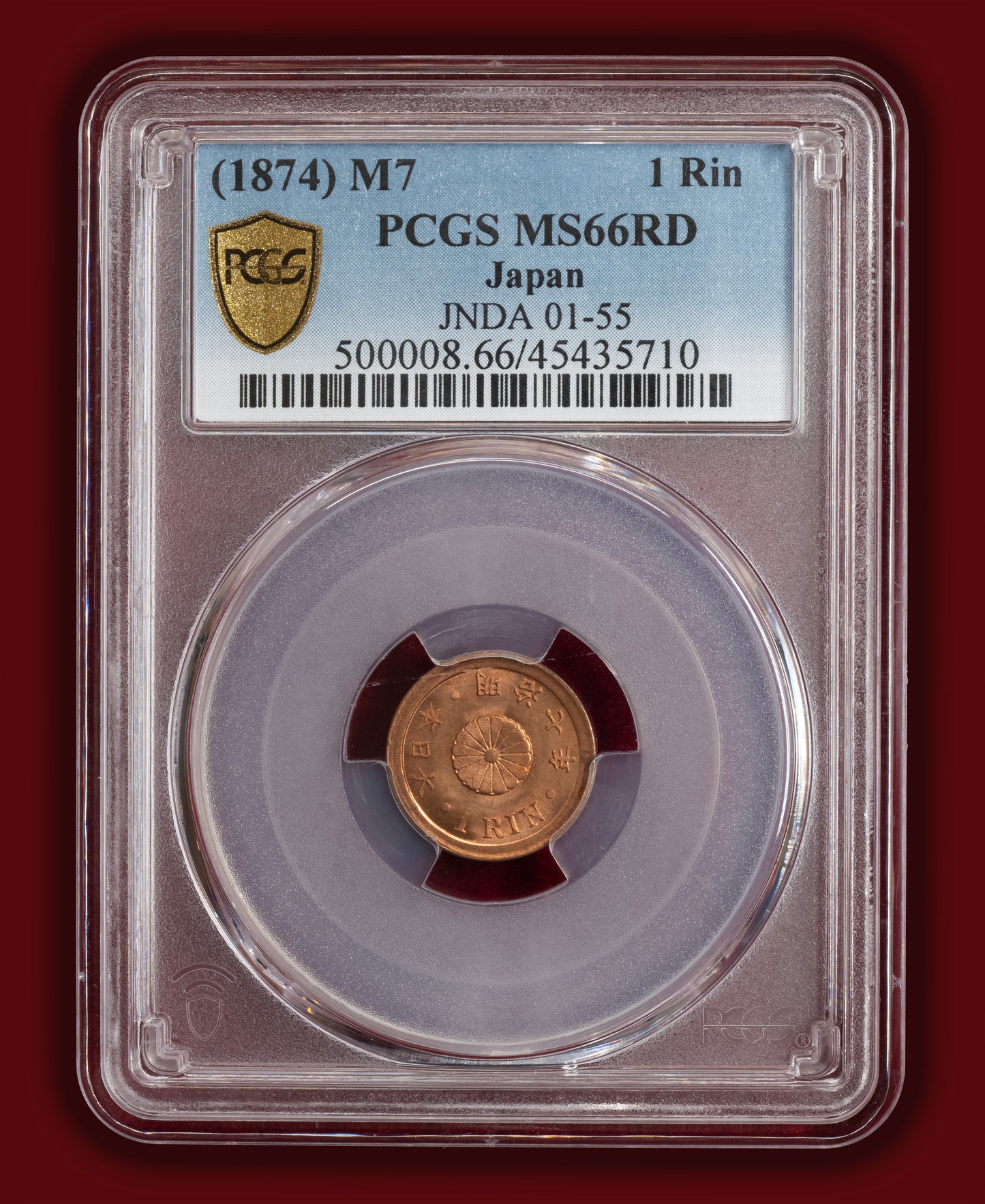 1874 (M7) Japan 1 Rin - DDO - PCGS MS66 RD