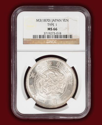 1870 (M3) Japan 1 Yen Type 1 w/border (Tied Top-Pop) - NGC MS66