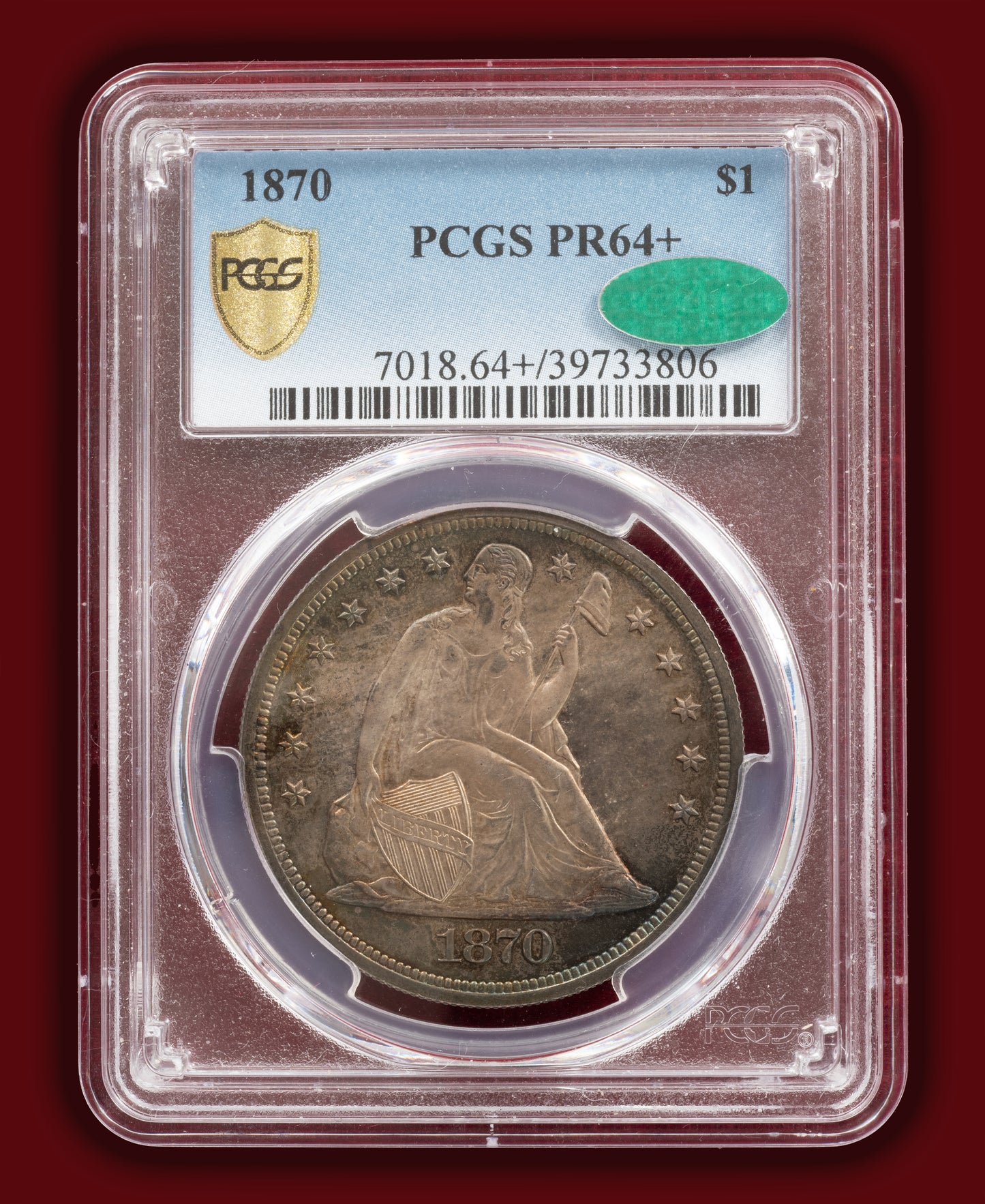 1870 Liberty Seated Dollar Proof - PCGS PR64+ CAC Green (Toned)