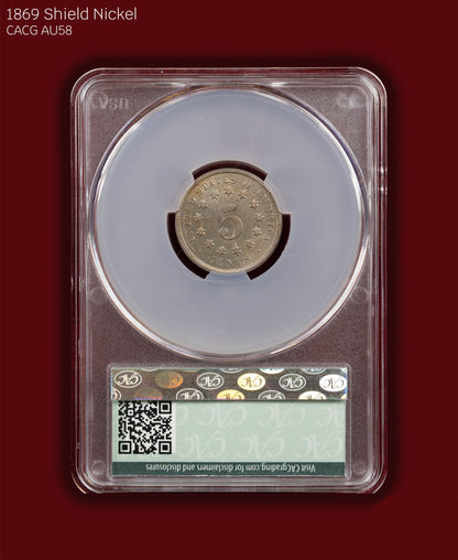 1869 Shield Nickel - CACG AU58