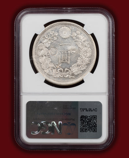 1879 (M12) Japan 1 Yen Gin Left Counterstamp - NGC AU Details Chopmarked