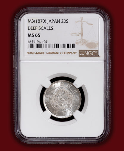 1870 (M3) Japan 20 Sen Deep Scales - NGC MS65