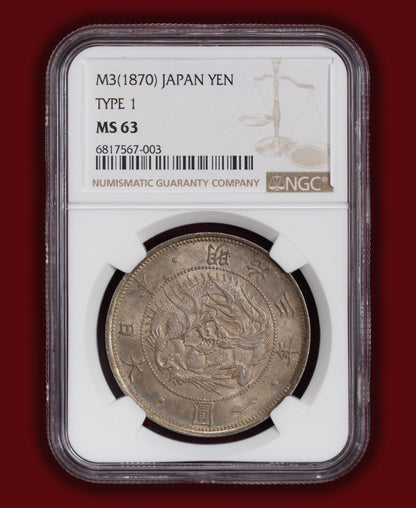 1870 (M3) Japan 1 Yen Type 1 w/Border - NGC MS63